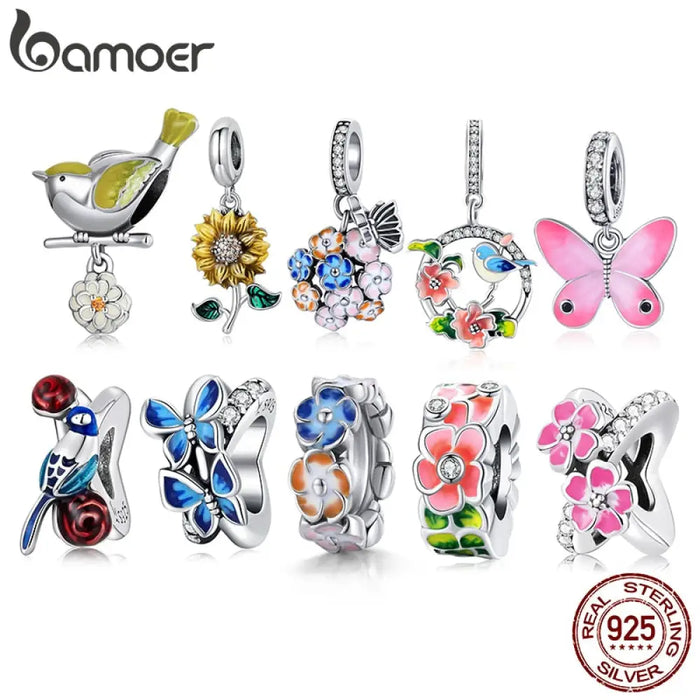 925 Sterling Silver Coloured Flower & Bird Charms Sunflower