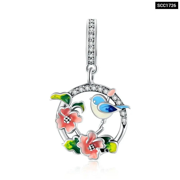 925 Sterling Silver Colourful Birds Flowers Leaves Cz