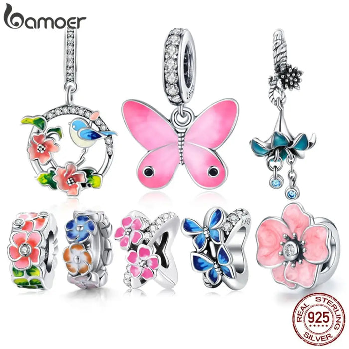 925 Sterling Silver Colourful Birds Flowers Leaves Cz