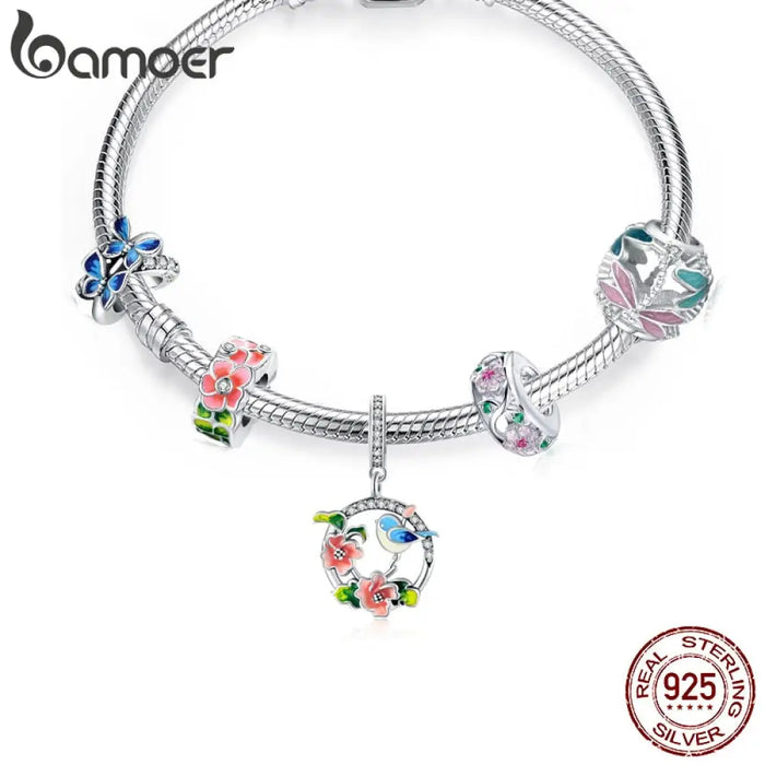 925 Sterling Silver Colourful Birds Flowers Leaves Cz