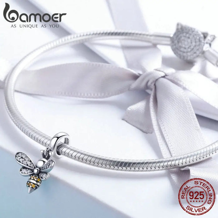 925 Sterling Silver Crystal Bee Charm Fit Women Bracelets