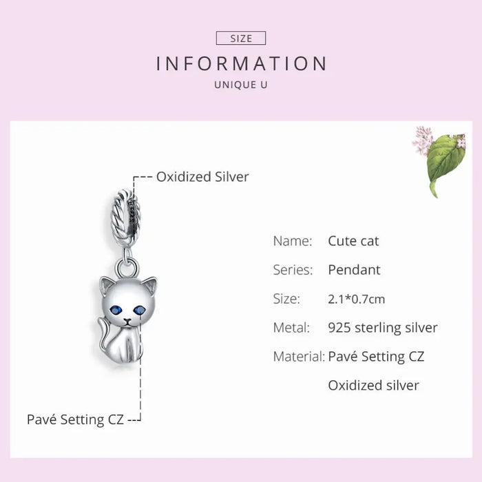 925 Sterling Silver Cute Cat Animal Charm Pendant Fit