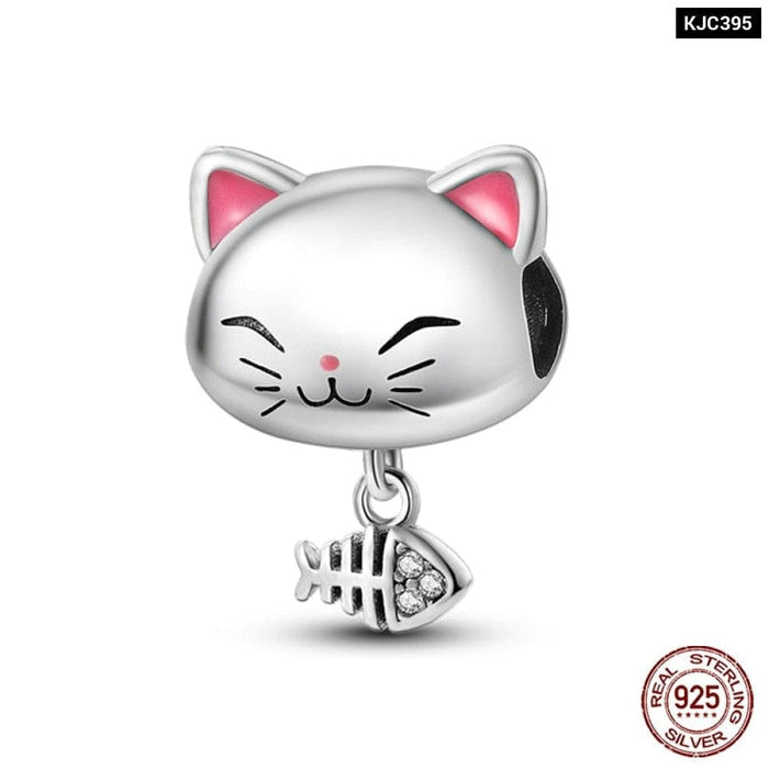 925 Sterling Silver Cute Black Cat Pet Charms Beads Fit Pandora Bracelets Fine DIY Jewelry For Women