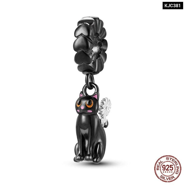 925 Sterling Silver Cute Black Cat Pet Charms Beads Fit Pandora Bracelets Fine DIY Jewelry For Women