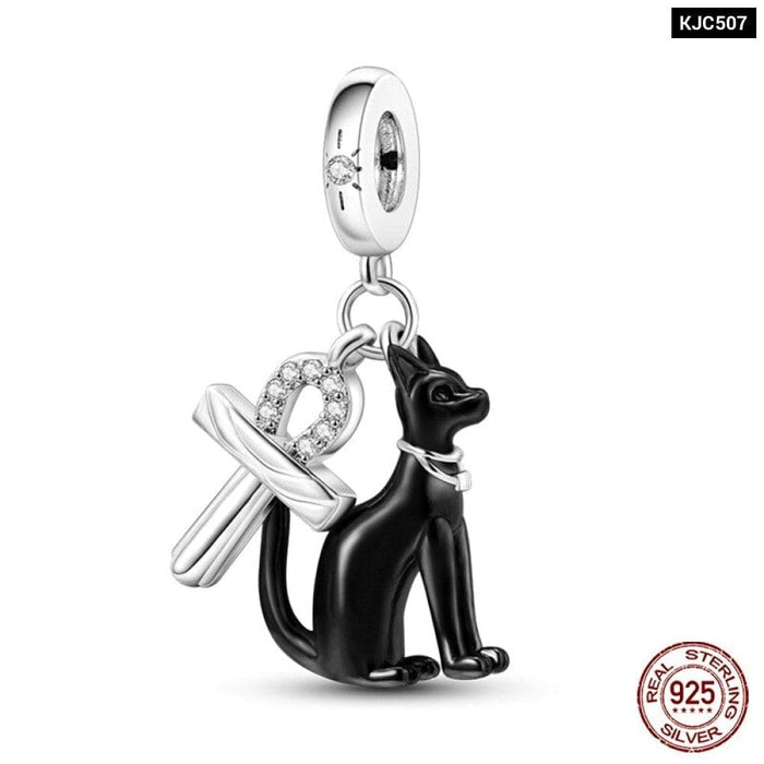 925 Sterling Silver Cute Black Cat Pet Charms Beads Fit Pandora Bracelets Fine DIY Jewelry For Women