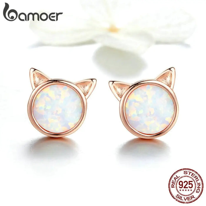 925 Sterling Silver Cute Cat Ears Big Stone Small Stud