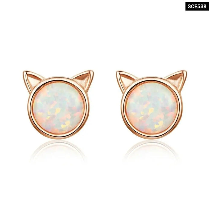 925 Sterling Silver Cute Cat Ears Big Stone Small Stud