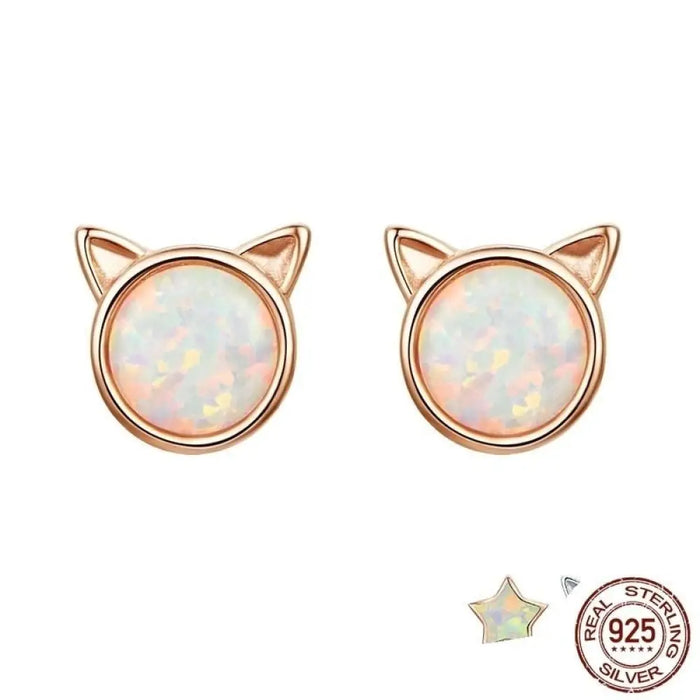 925 Sterling Silver Cute Cat Ears Big Stone Small Stud