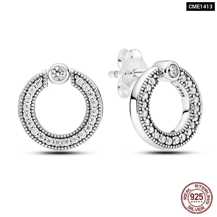 925 Sterling Silver Double Circle Earrings For Women Shining Zircon Piercing Ear Studs Fine Jewelry