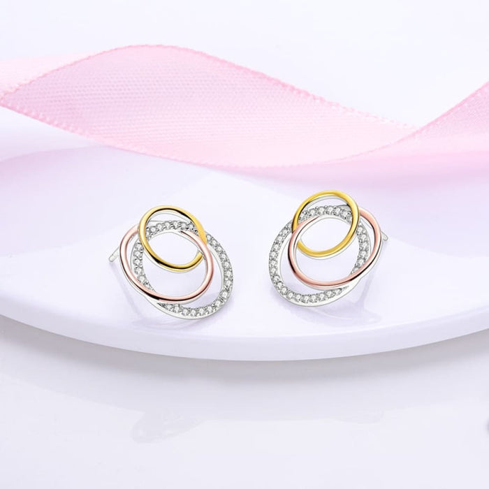 925 Sterling Silver Double Circle Earrings For Women Shining Zircon Piercing Ear Studs Fine Jewelry