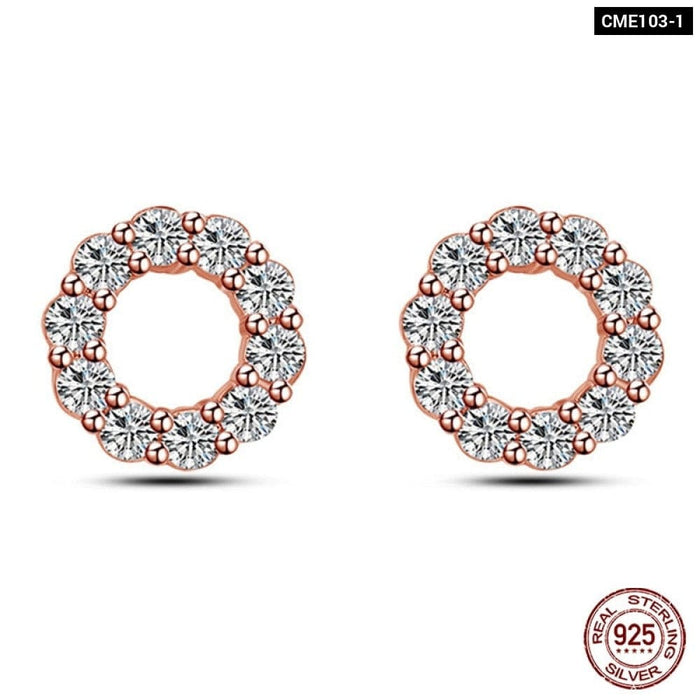 925 Sterling Silver Double Circle Earrings For Women Shining Zircon Piercing Ear Studs Fine Jewelry