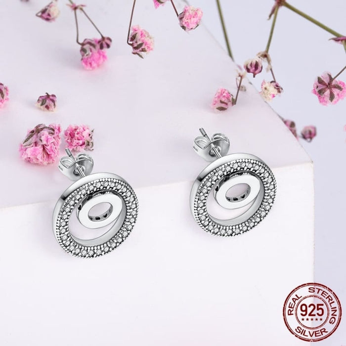 925 Sterling Silver Double Circle Earrings For Women Shining Zircon Piercing Ear Studs Fine Jewelry