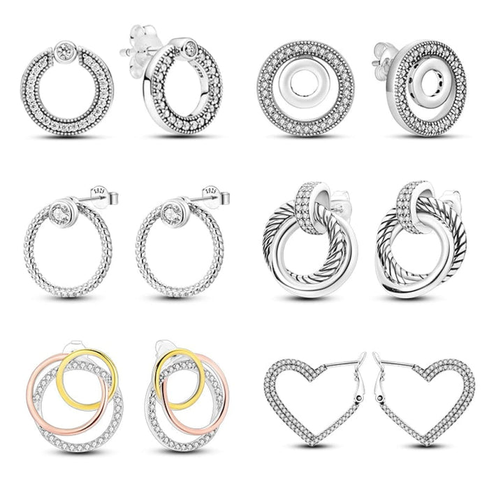 925 Sterling Silver Double Circle Earrings For Women Shining Zircon Piercing Ear Studs Fine Jewelry