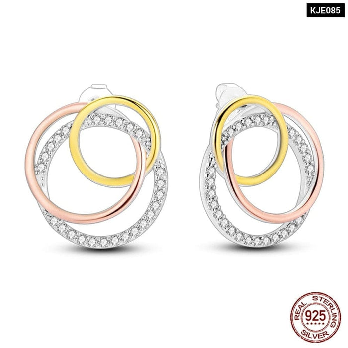 925 Sterling Silver Double Circle Earrings For Women Shining Zircon Piercing Ear Studs Fine Jewelry