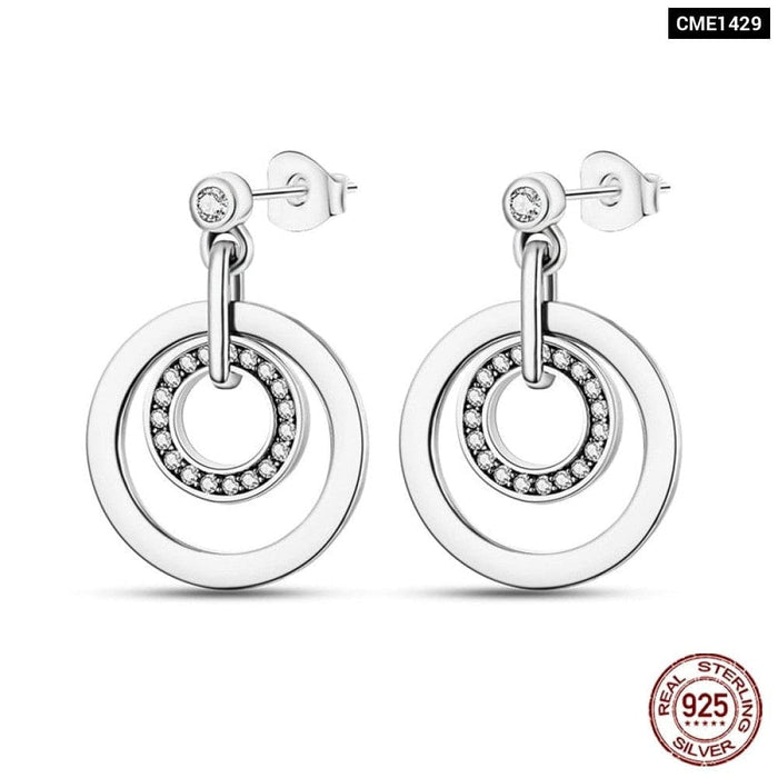 925 Sterling Silver Double Circle Earrings For Women Shining Zircon Piercing Ear Studs Fine Jewelry