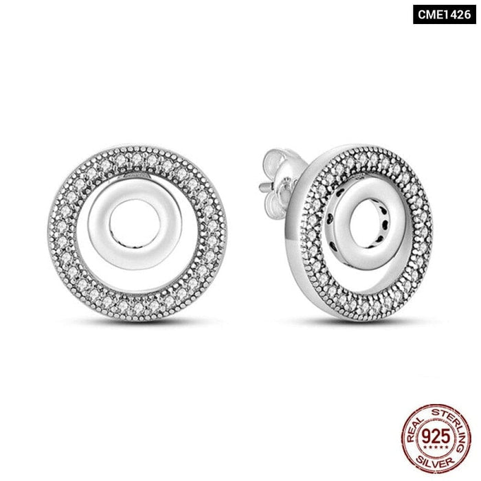 925 Sterling Silver Double Circle Earrings For Women Shining Zircon Piercing Ear Studs Fine Jewelry