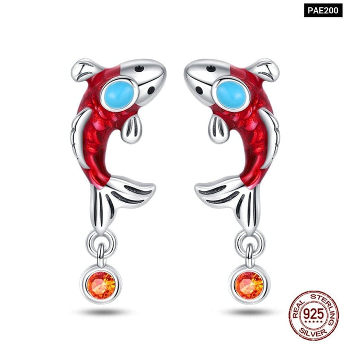 925 Sterling Silver Dream Catcher Earrings For Women Exquisite Coloured Zircon Carp Stud Earrings Fashion Jewelry