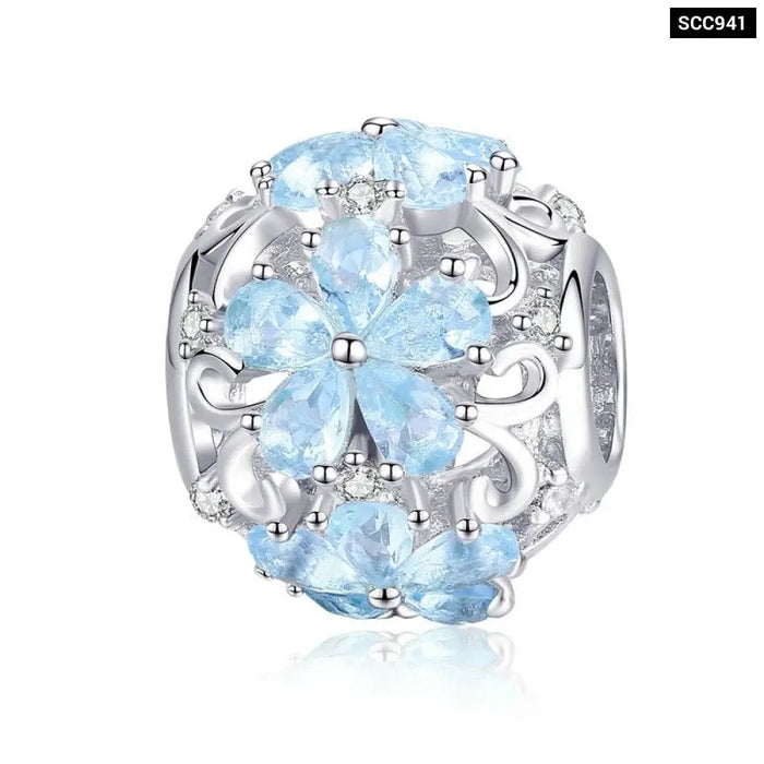 925 Sterling Silver Elegant Snowflake Beads Light Blue Cz