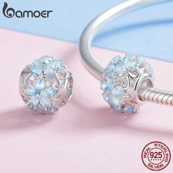 925 Sterling Silver Elegant Snowflake Beads Light Blue Cz