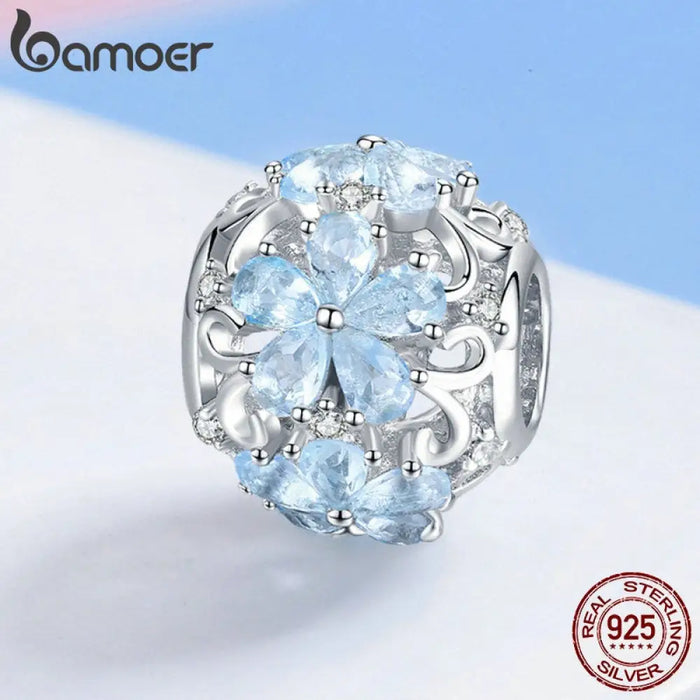 925 Sterling Silver Elegant Snowflake Beads Light Blue Cz