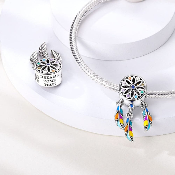 925 Sterling Silver Feather Dreamcatcher Tassel Charms Beads Fit Original Pandora Bracelet Bangle DIY Jewelry