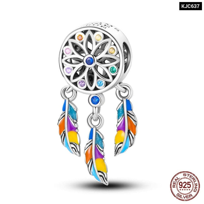 925 Sterling Silver Feather Dreamcatcher Tassel Charms Beads Fit Original Pandora Bracelet Bangle DIY Jewelry