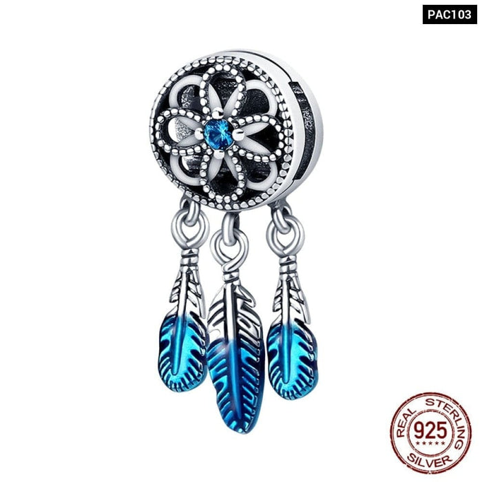 925 Sterling Silver Feather Dreamcatcher Tassel Charms Beads Fit Original Pandora Bracelet Bangle DIY Jewelry