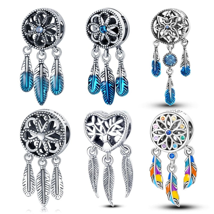 925 Sterling Silver Feather Dreamcatcher Tassel Charms Beads Fit Original Pandora Bracelet Bangle DIY Jewelry