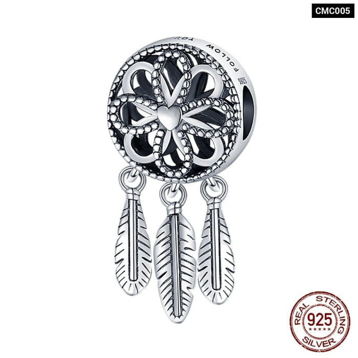 925 Sterling Silver Feather Dreamcatcher Tassel Charms Beads Fit Original Pandora Bracelet Bangle DIY Jewelry