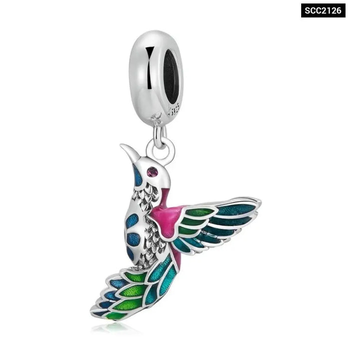 925 Sterling Silver Flower & Bird Charms Grain Rain Pendant