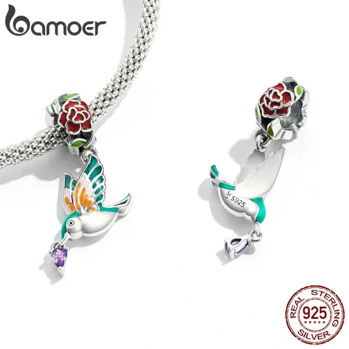 925 Sterling Silver Flower & Bird Charms Grain Rain Pendant