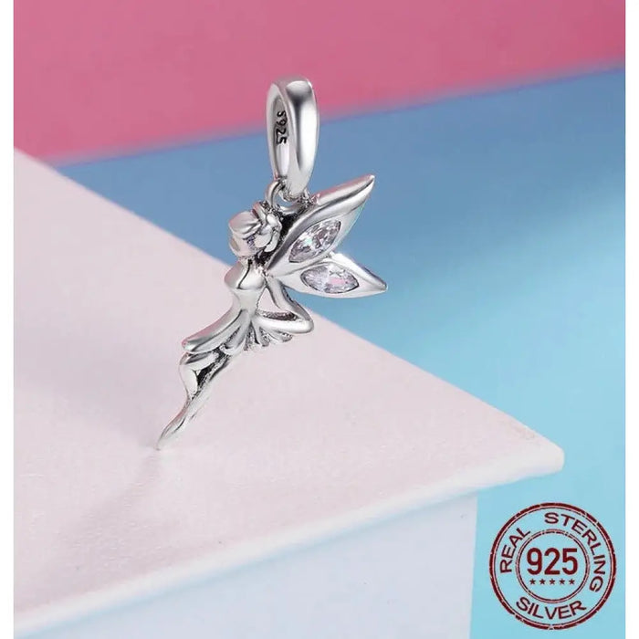 925 Sterling Silver Flower Fairy Dangle Pendant Charms Fit