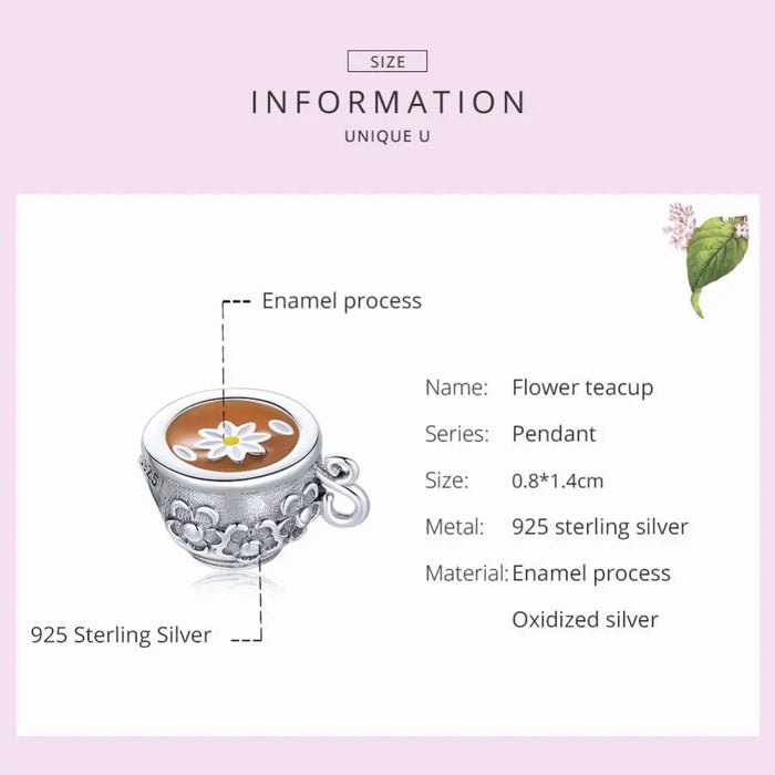 925 Sterling Silver Flower Teacup Charm Coffee Wine Glass