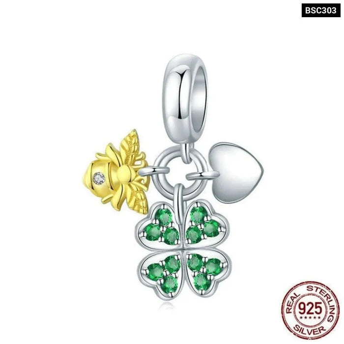 925 Sterling Silver Four-leaf Clover Pendant Charms Heart