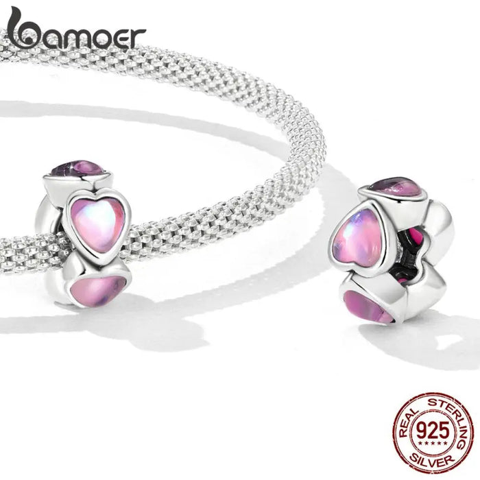 925 Sterling Silver Glass Heart Spacer Fit Women Bracelet &