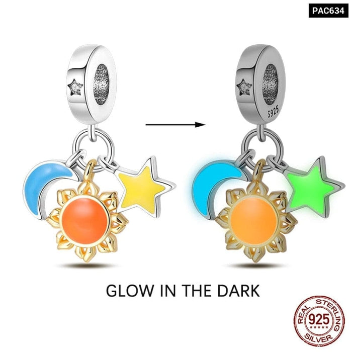 925 Sterling Silver Glow In The Dark Star Moon Sun Luminous Charms Beads Pendant Fit Pandora Original Bracelets DIY Jewelry