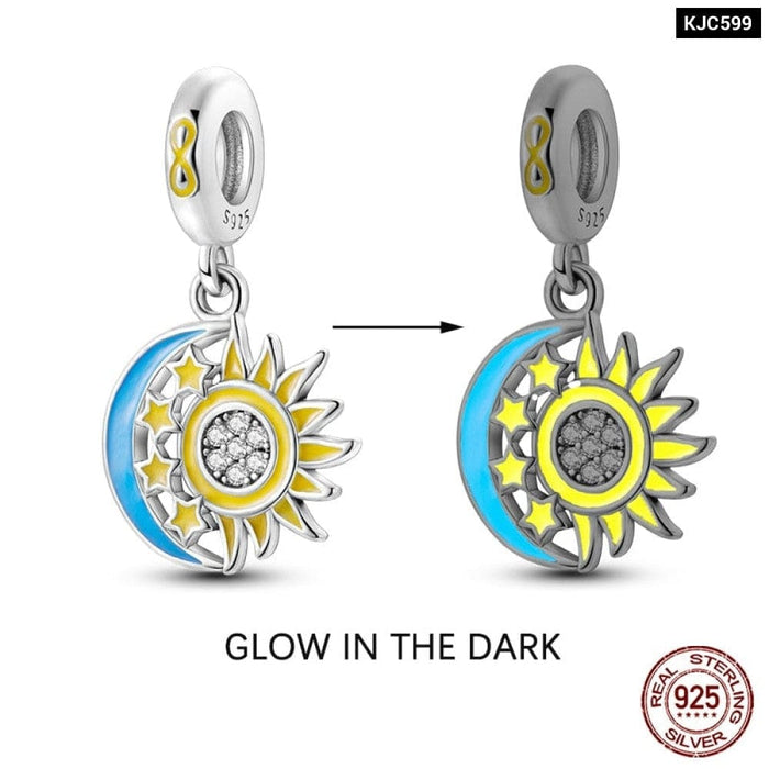 925 Sterling Silver Glow In The Dark Star Moon Sun Luminous Charms Beads Pendant Fit Pandora Original Bracelets DIY Jewelry