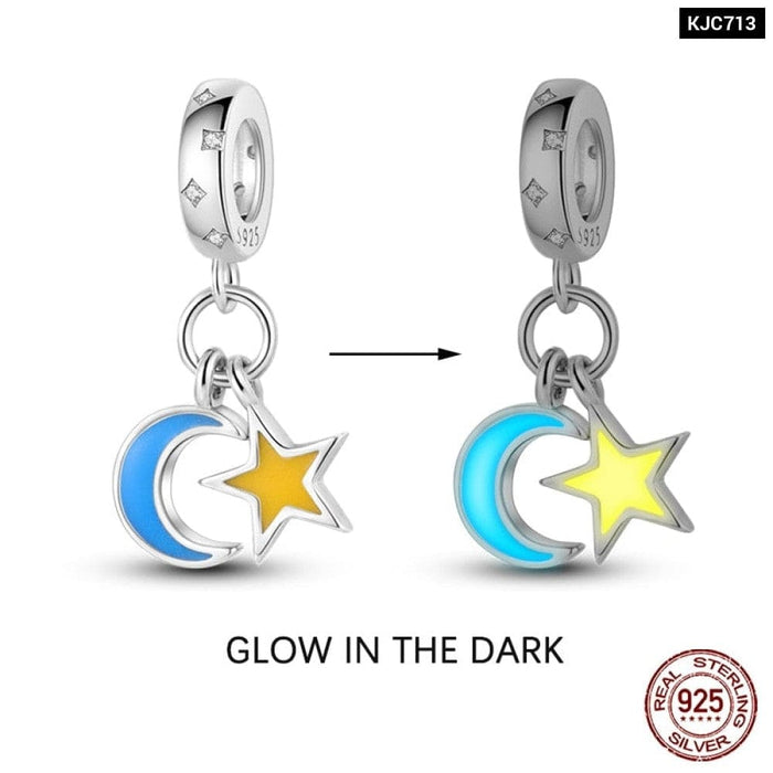 925 Sterling Silver Glow In The Dark Star Moon Sun Luminous Charms Beads Pendant Fit Pandora Original Bracelets DIY Jewelry