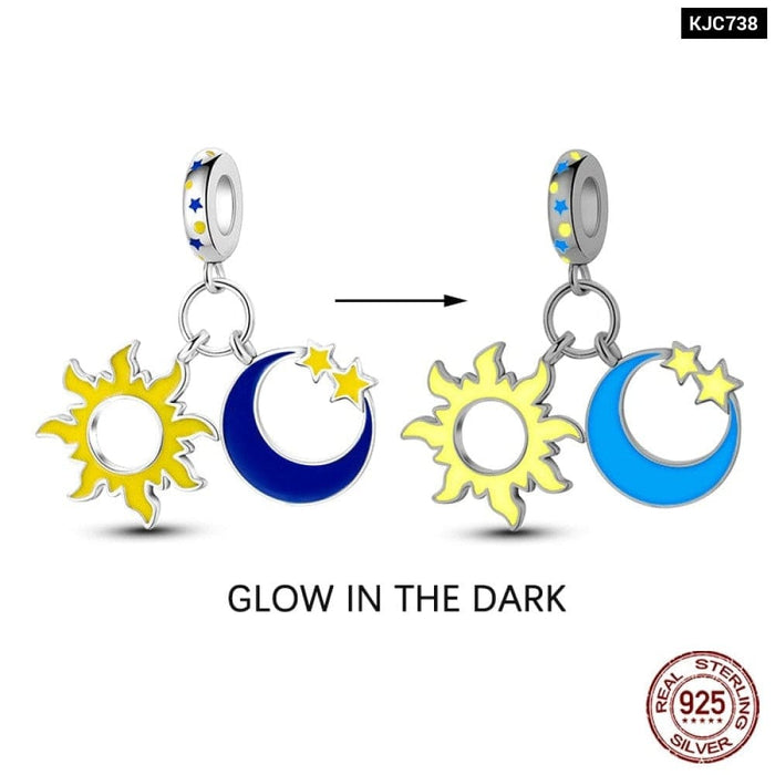 925 Sterling Silver Glow In The Dark Star Moon Sun Luminous Charms Beads Pendant Fit Pandora Original Bracelets DIY Jewelry