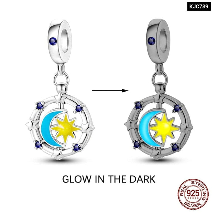 925 Sterling Silver Glow In The Dark Star Moon Sun Luminous Charms Beads Pendant Fit Pandora Original Bracelets DIY Jewelry