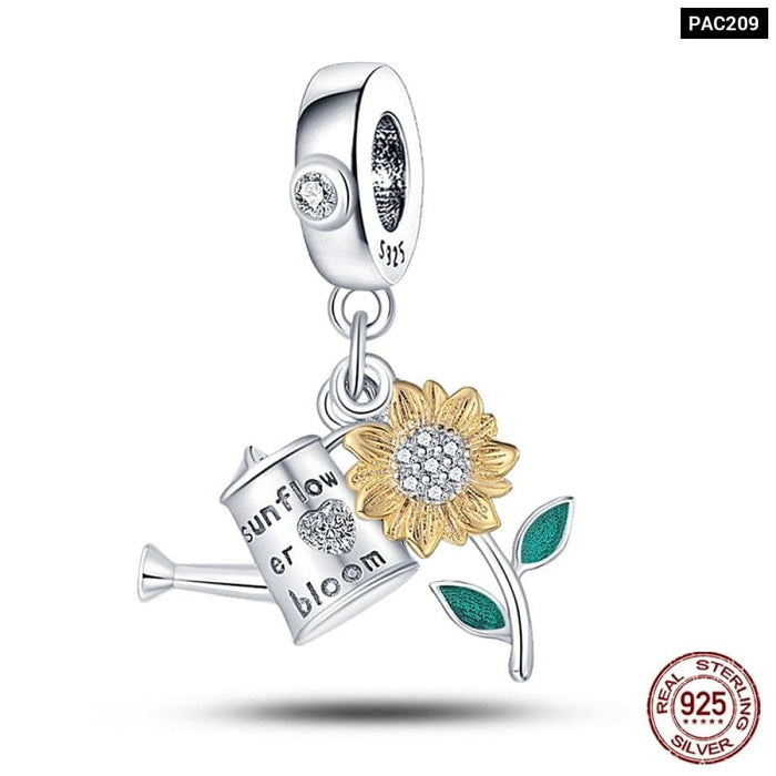 925 Sterling Silver Golden Sunflowers Heart Charms Beads Fit Pandora Bracelets Luxury Party DIY Jewelry