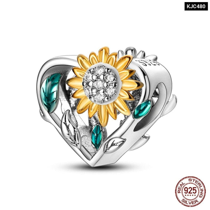 925 Sterling Silver Golden Sunflowers Heart Charms Beads Fit Pandora Bracelets Luxury Party DIY Jewelry