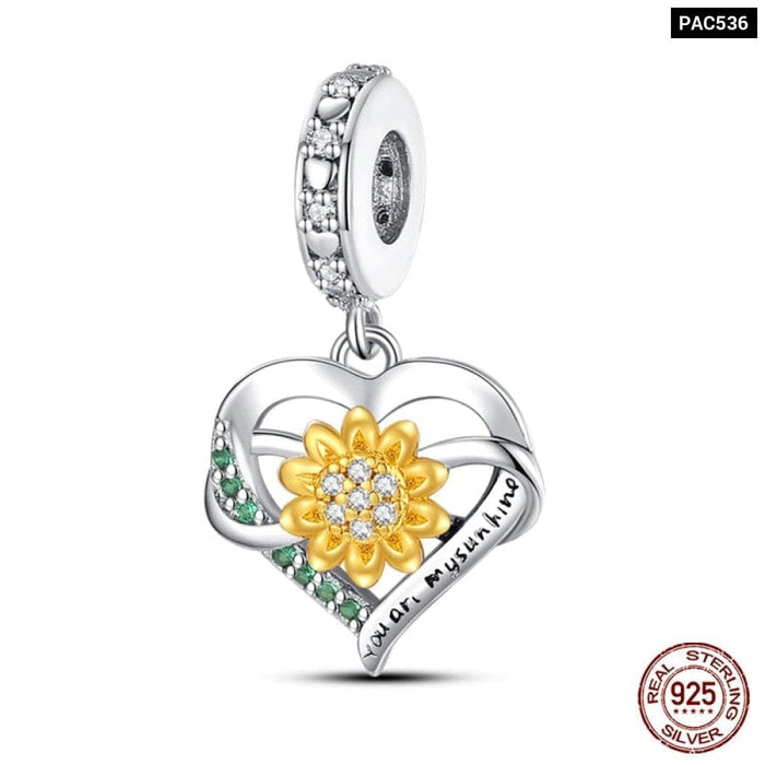 925 Sterling Silver Golden Sunflowers Heart Charms Beads Fit Pandora Bracelets Luxury Party DIY Jewelry