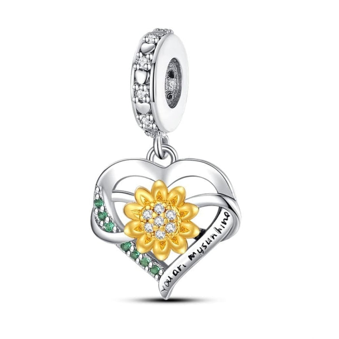 925 Sterling Silver Golden Sunflowers Heart Charms Beads Fit Pandora Bracelets Luxury Party DIY Jewelry