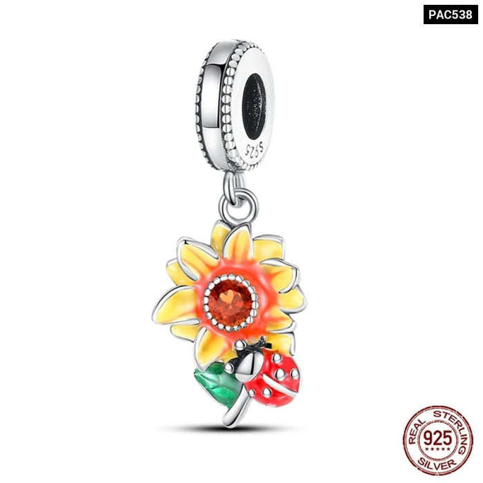 925 Sterling Silver Golden Sunflowers Heart Charms Beads Fit Pandora Bracelets Luxury Party DIY Jewelry