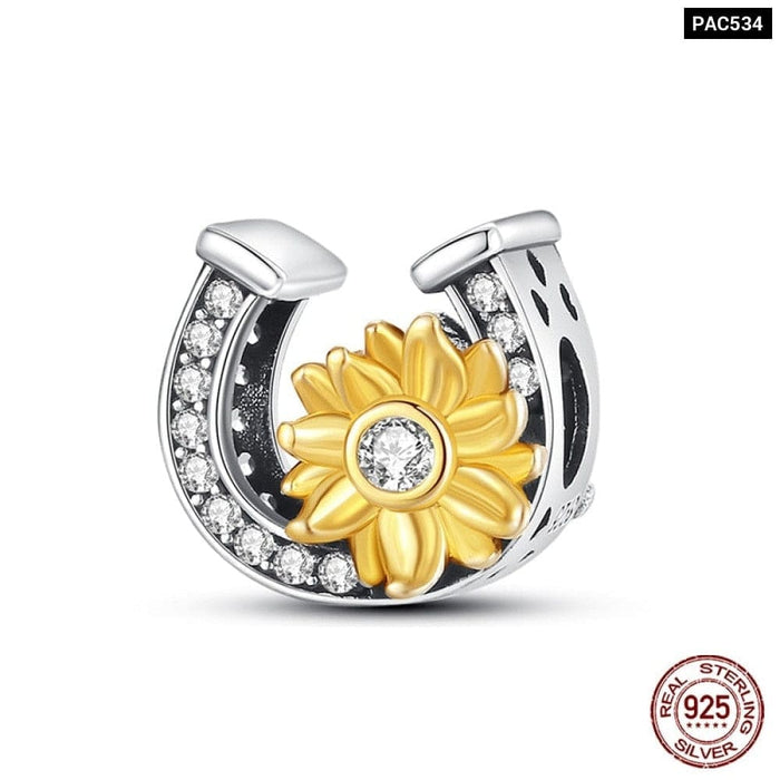 925 Sterling Silver Golden Sunflowers Heart Charms Beads Fit Pandora Bracelets Luxury Party DIY Jewelry