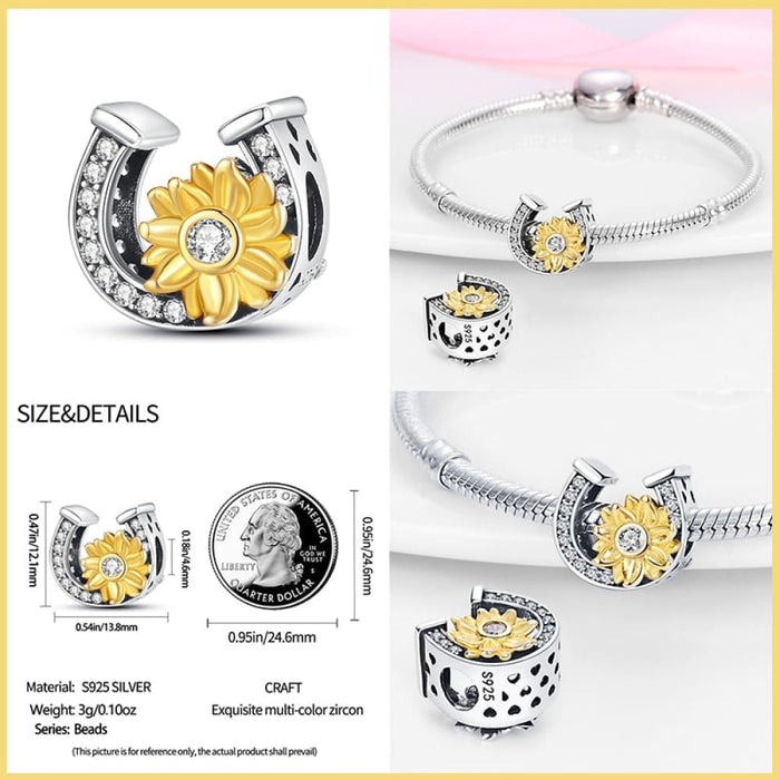 925 Sterling Silver Golden Sunflowers Heart Charms Beads Fit Pandora Bracelets Luxury Party DIY Jewelry