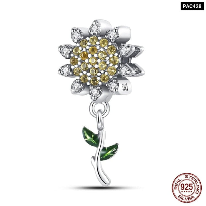 925 Sterling Silver Golden Sunflowers Heart Charms Beads Fit Pandora Bracelets Luxury Party DIY Jewelry