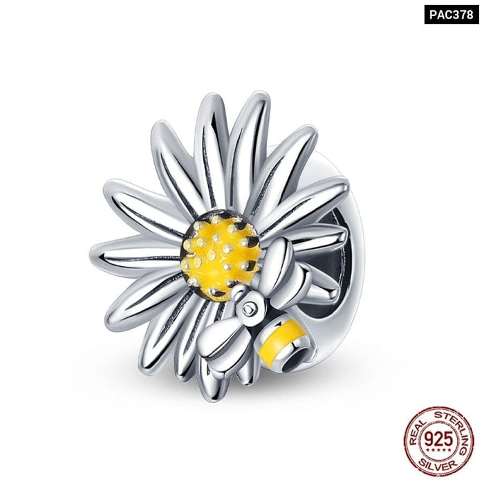 925 Sterling Silver Golden Sunflowers Heart Charms Beads Fit Pandora Bracelets Luxury Party DIY Jewelry