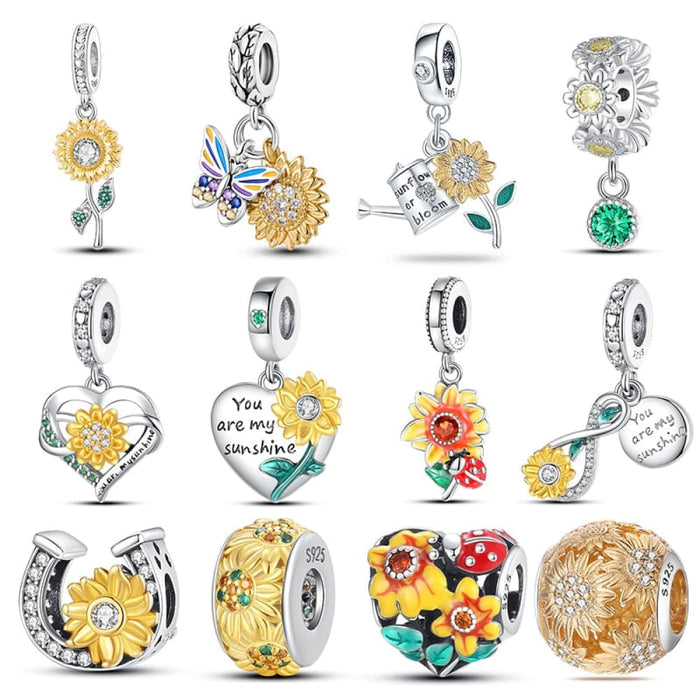 925 Sterling Silver Golden Sunflowers Heart Charms Beads Fit Pandora Bracelets Luxury Party DIY Jewelry